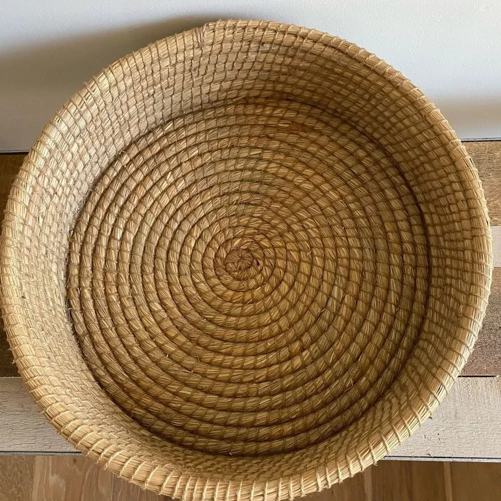 Decorative Basket Natural & Silver Round Woven Seagrass Boho Coastal Farmhouse